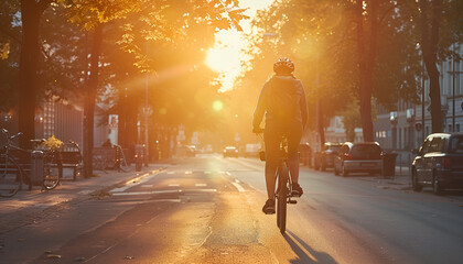 Bicyclist riding through a sunrise-lit street, Monday morning, active and eco-friendly