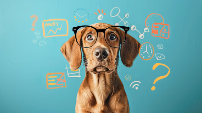 Curious and perplexed dog has a lot of questions, confused dog student, study learning education concept.
