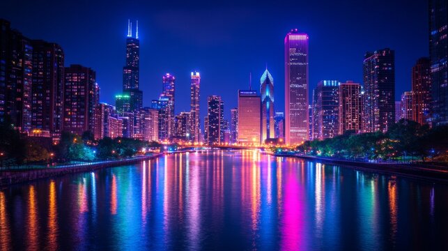 Fototapeta A city skyline lit up at night with colorful lights and reflections on a river, capturing the vibrant nightlife atmosphere.