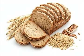 Photo of Whole grain bread on white background , Generative AI
