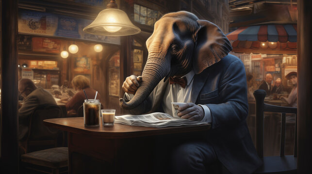 Elephant in a bar reading the newspaper, illustration wallpaper art design
