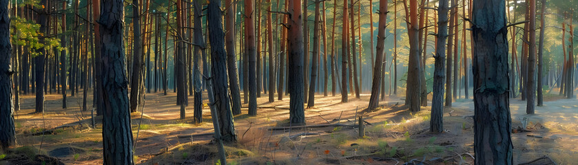 Sunlight Through Pine Trees Forest Photo