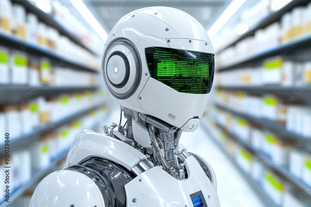 Poster humanoid robot with a sleek white design symbolizing the integration of ai in consumer healthcare ca
