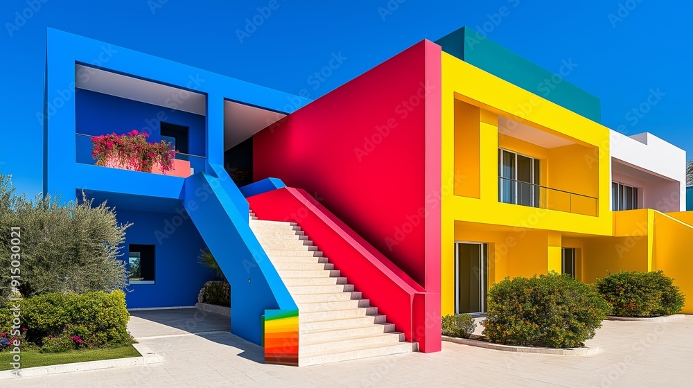 Aufkleber a colorful building with a red staircase leading up to it. the building has a unique design and is p