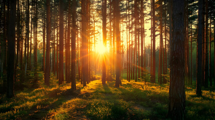Fototapeta premium Sunlight Through Trees in Forest Photo