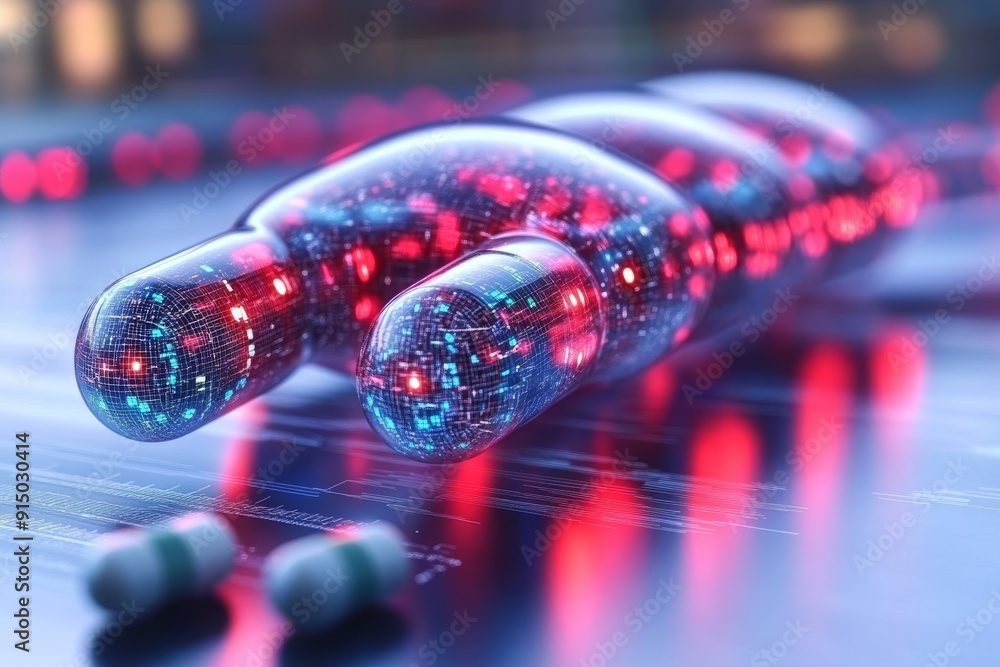Poster transparent capsule like objects glowing in a high tech facility symbolizing the advanced nature of 