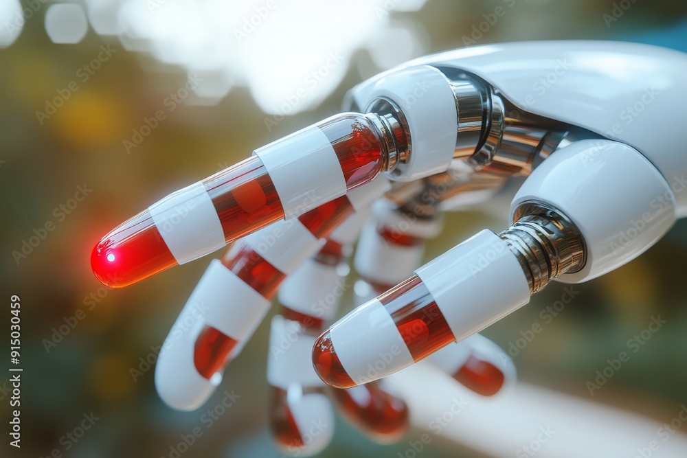 Poster robotic hand extending capsules symbolizing the intersection of ai and medicine captured in a bright