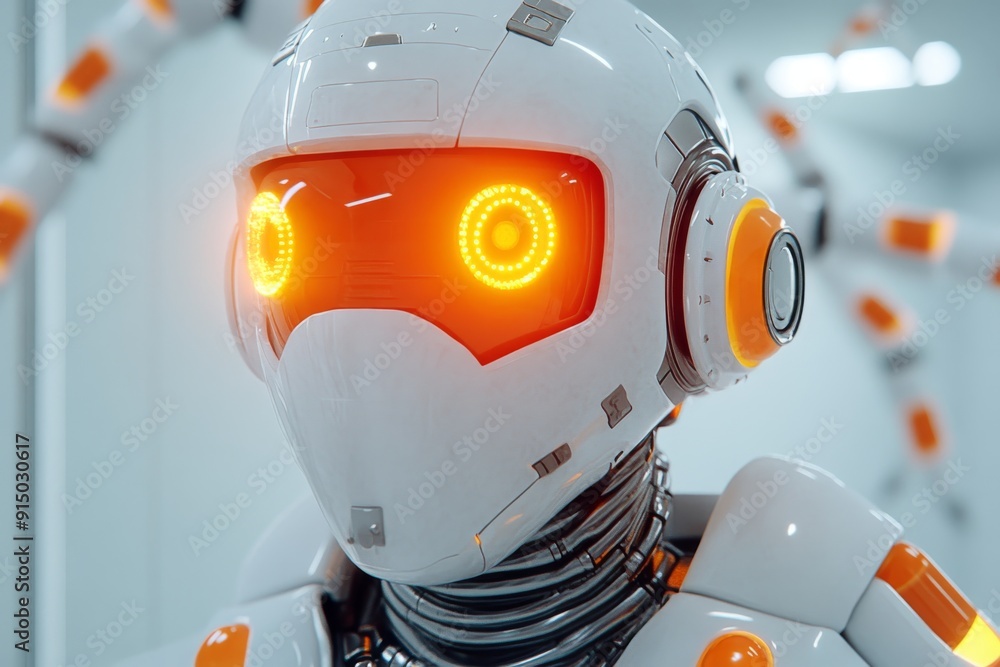 Poster humanoid robot with glowing eyes and a white and red design symbolizing the integration of ai in hea