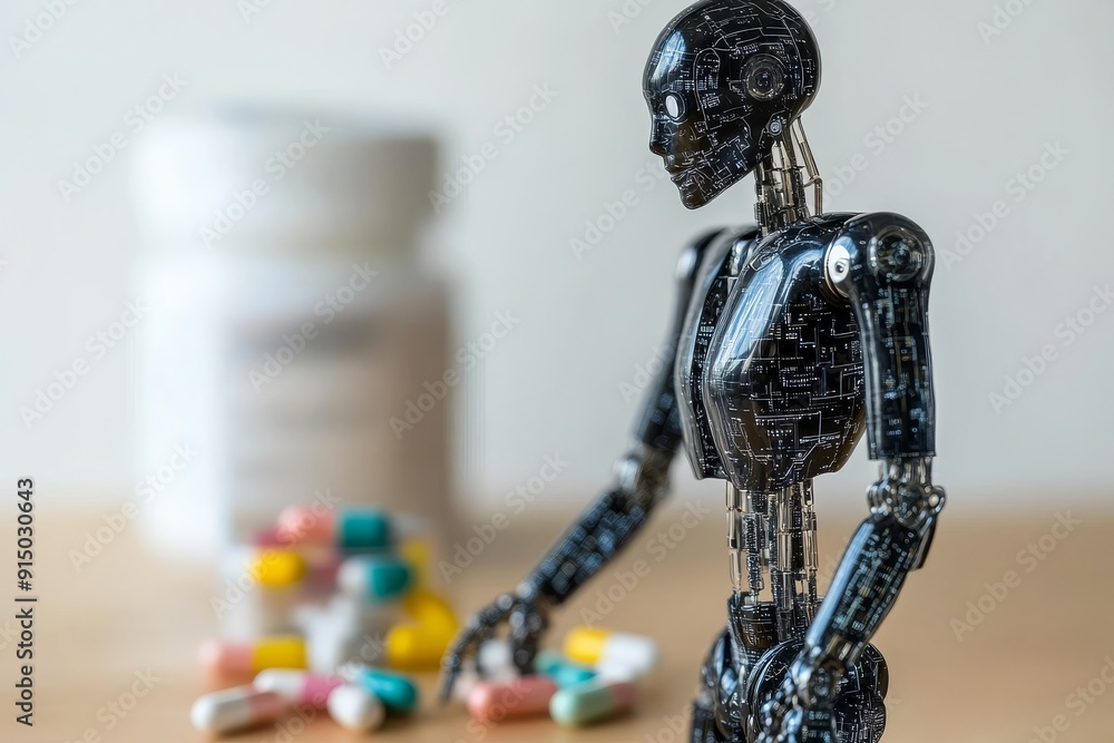 Poster humanoid robot arranging capsules on a table symbolizing the intersection of ai and pharmaceuticals 