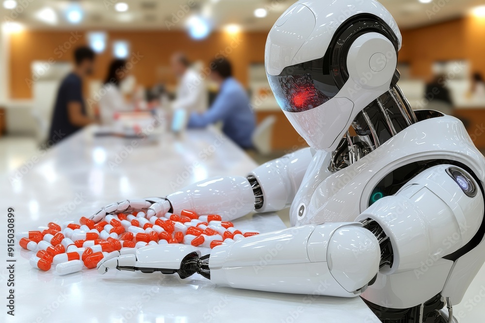 Poster humanoid robot assembling capsules on a table symbolizing the precision and control in modern medici