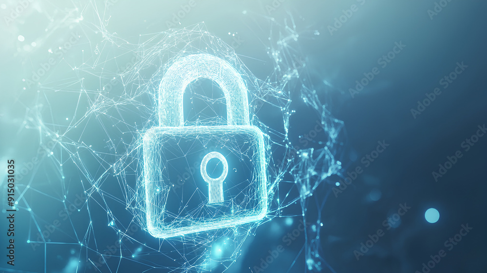 Poster abstract cyber security concept with a padlock icon, network data and dynamic lines on a light blue 