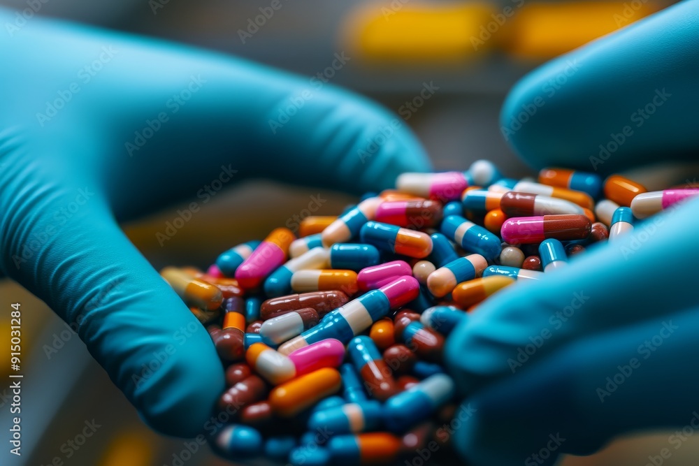Poster gloved hands sorting colorful capsules symbolizing precision and control in modern pharmaceuticals c
