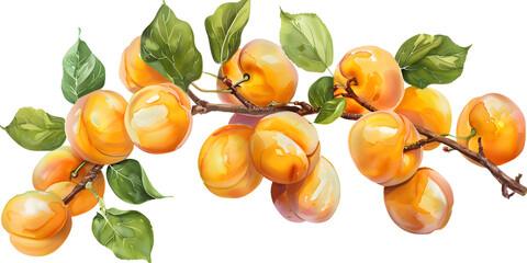 Obraz premium Apricot watercolor drawing of a branch with leaves and apricot fruits 