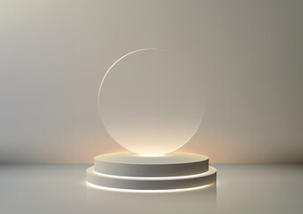Clean Minimalist Scene with 3D Beige Podium and Circle Glass Backdrop for Modern Concept Product Display and Elegant Showroom