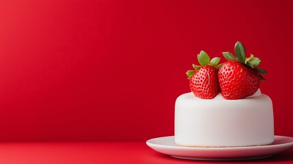 A white cake with strawberries on top is placed on a white plate. The cake is surrounded by a red background, which creates a warm and inviting atmosphere
