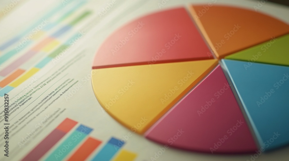 Poster a close-up of a business report with a pie chart, featuring sections in different colors and a legen