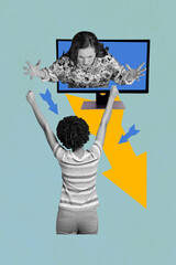 Vertical image collage young woman rise hands monitor screen computer agression nervous celebrate...