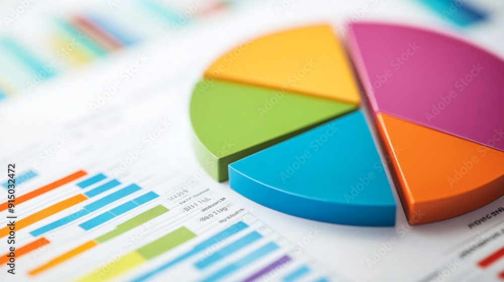 Poster a close-up of a business report with a pie chart, featuring sections in different colors and a legen