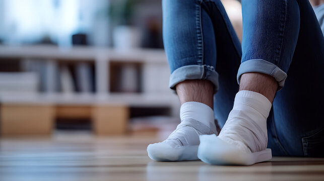 A person sitting with an ice pack on their ankle, expressing discomfort from a lingering injury 
