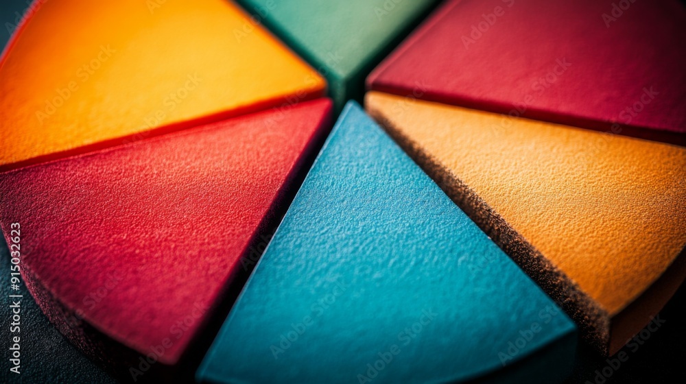 Leinwandbilder A close-up of a colorful business pie chart with segmented sections, showcasing data distribution and a clean, professional design.