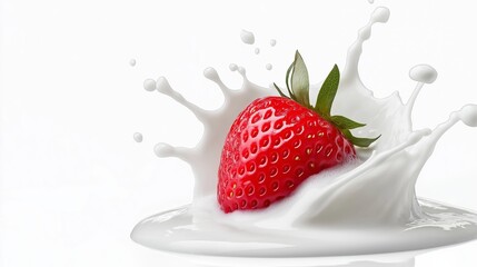 A strawberry is floating in a splash of milk