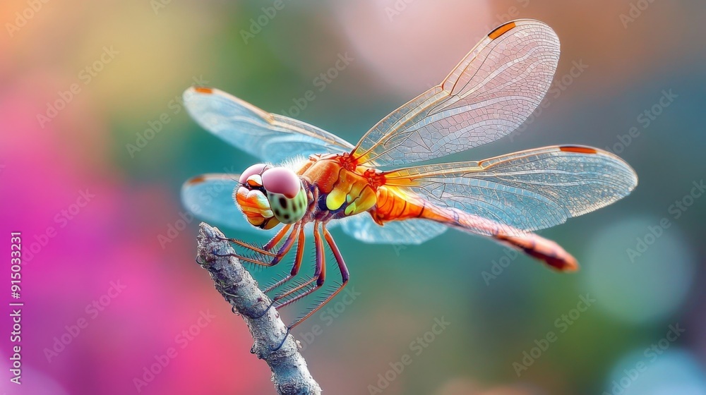 Poster a close-up of a dragonfly perched on a twig, showcasing its transparent wings and segmented body.