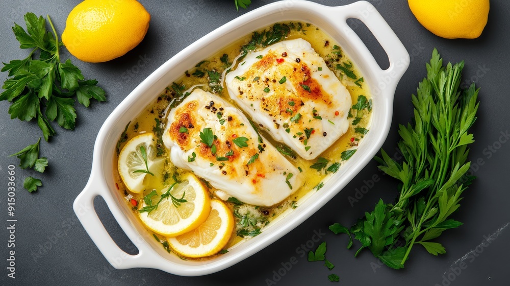 Wall mural a white dish with fish and lemon slices