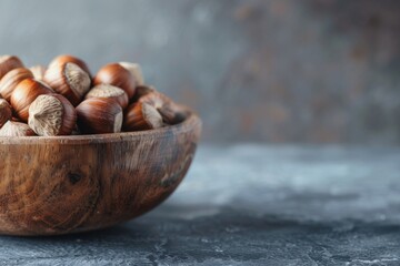 Fototapeta premium A close-up view of roasted hazelnuts in a wooden bowl, showcasing their golden-brown color and crunchy texture.