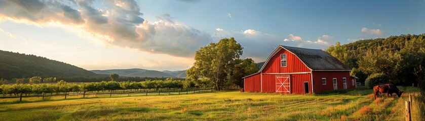 Obraz premium A picturesque red barn surrounded by lush fields and rolling hills at sunset, capturing the essence of rural tranquility.