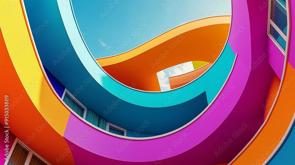 Poster a colorful building with a curved wall and a blue sky in the background. the building is a mix of di