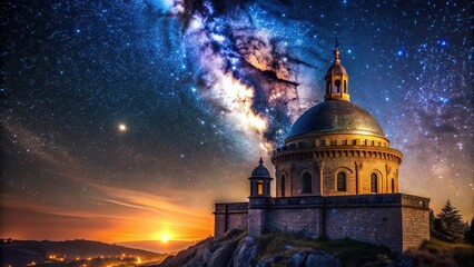 Obraz premium Castle dome illuminated at night with a starry sky , castle, dome, architecture, night, illuminated, stars, sky, historic