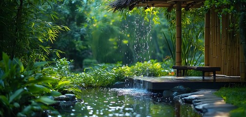 Tranquil Bamboo Pavilion Beside a Serene Flowing Stream in a Lush Green Forest