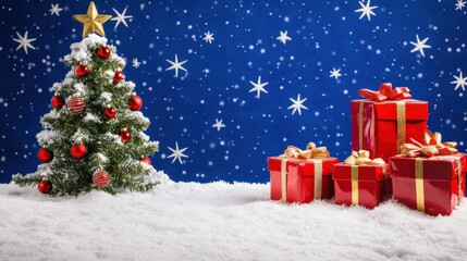 Obraz premium Snow-covered Christmas Tree and Red Presents Against Blue Starry Night