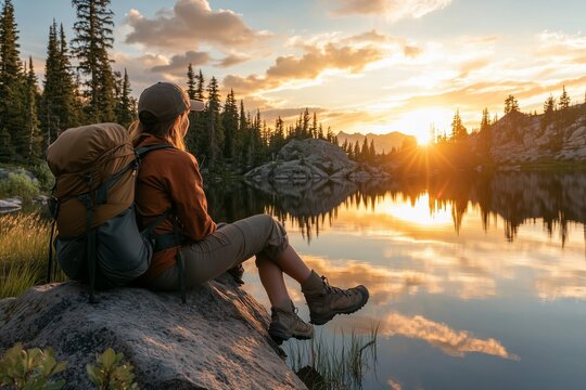 Female backpacker enjoying sunset by mountain lake, peaceful wilderness adventure in the Rockies