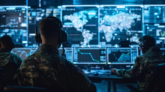 A military command center with soldiers and digital screens displaying maps - Powered by Adobe