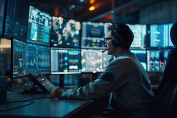 The operator sits at a workstation with multiple screens in the center