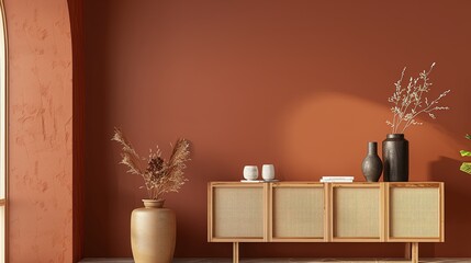 Fototapeta premium A photo of an empty wall with a warm terracotta color, featuring a modern sideboard in the foreground.