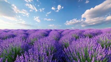 Fototapeta premium Field of lavender in full bloom with a clear sky, fragrant and picturesque