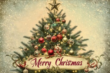 Classic Christmas Tree Collage: Images of a beautifully decorated Christmas tree with twinkling lights, ornaments, and a star on top. The text "Merry Christmas" in elegant, cursive script. 