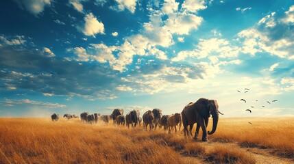 Elephants Walking Through African Savanna