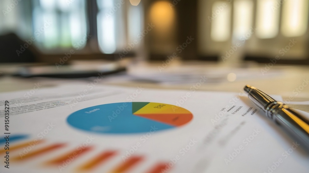 Poster a close-up of a printed pie chart on a meeting table, surrounded by documents and pens, illustrating