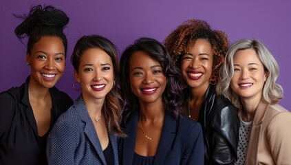 Portrait of Five Smiling Women with Purple Background