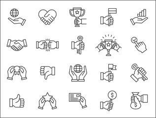 Business icons. Entrepreneurship icon set. Success business symbol collection. included icon of trophy, profit, money bag, hand holding key, handshake, achievement. Vector isolated in white.