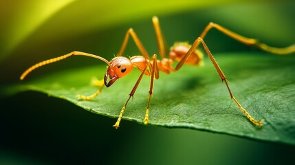 Fototapeta premium A close-up of a red ant crawling on a green leaf, showcasing its detailed body structure and legs.