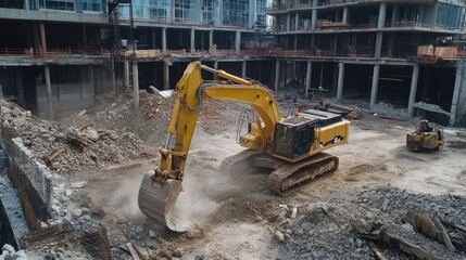Fototapeta premium Bright yellow construction excavator working diligently on a building site, surrounded by construction debris and machinery