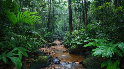 Fototapeta premium Rainforest with dense foliage and a clear stream, lush and vibrant