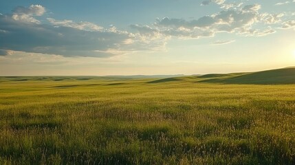 Fototapeta premium Prairie landscape with rolling grasslands and a wide-open sky, expansive and serene