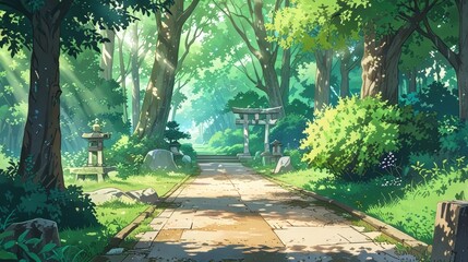  A serene forest pathway with traditional Japanese Torii gates surrounded by lush green foliage. Sunlight filters through the trees, creating a tranquil atmosphere. Anime art style