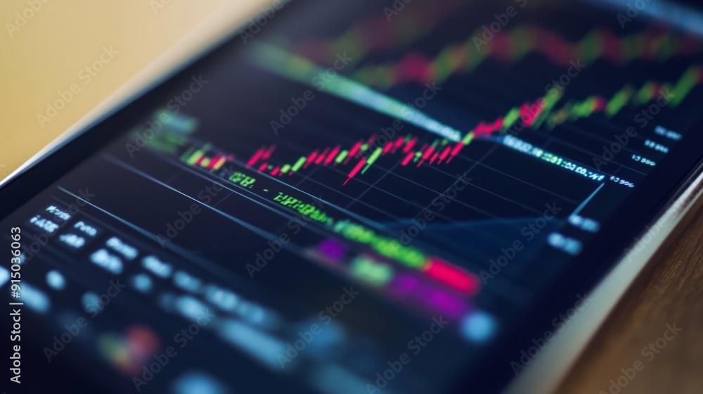 Aufkleber a close-up of a smartphone screen displaying a live stock chart, emphasizing mobile trading capabili