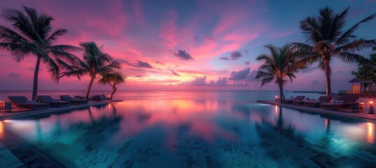 Tropical Sunset Paradise: Infinity Pool with Palm Trees